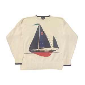 Vintage Gant Mens Sailboat Crewneck Sweater Maritime Ocean Sailing L White